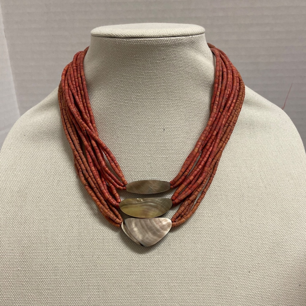 3 Vintage Boho Necklaces 1 Signed Marquet Bamboo Fringe Clay - Picture 9 of 11